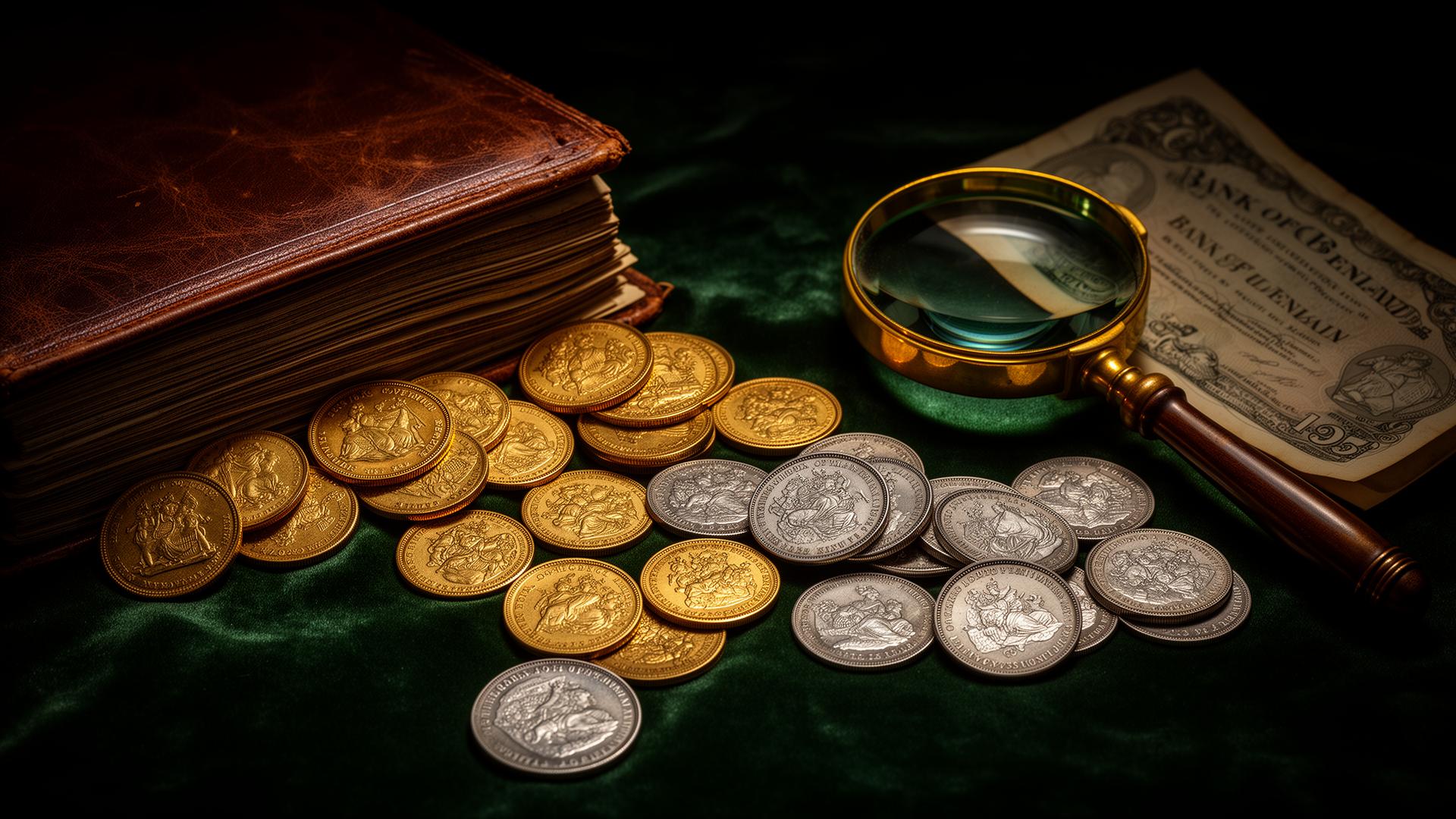 Antique British gold sovereigns, silver coins and Bank of England banknotes on green velvet